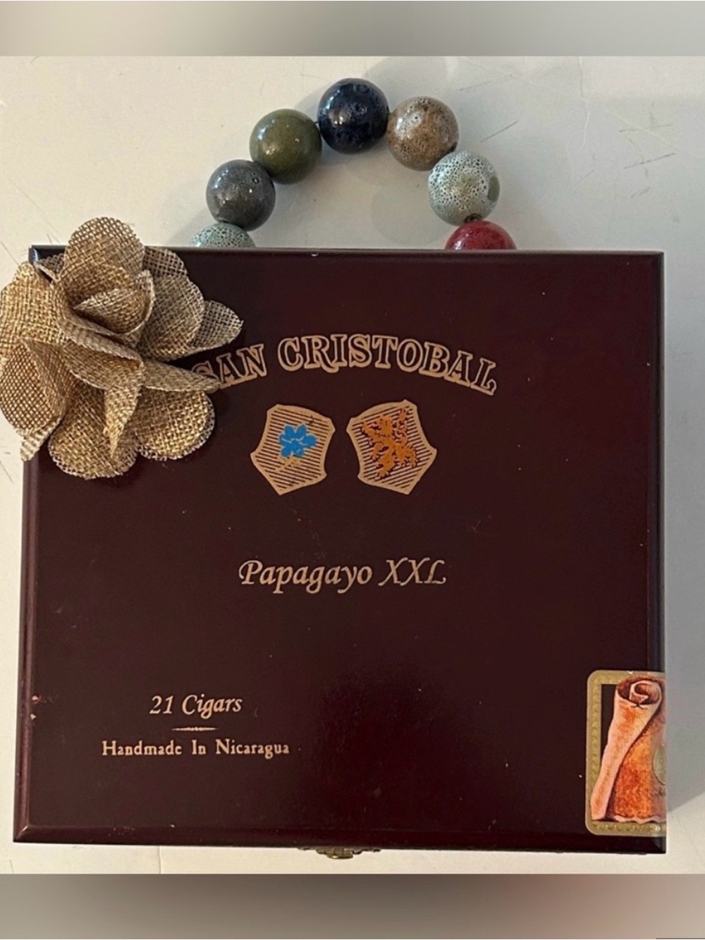 Cigar box purse San Cristobal wooden box big bead handle colorful parrot inside